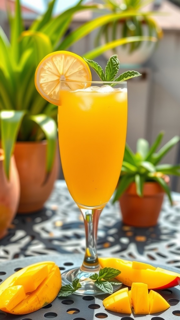 A refreshing Mango Vodka Collins cocktail with lemon and mint garnish on a sunny patio table.